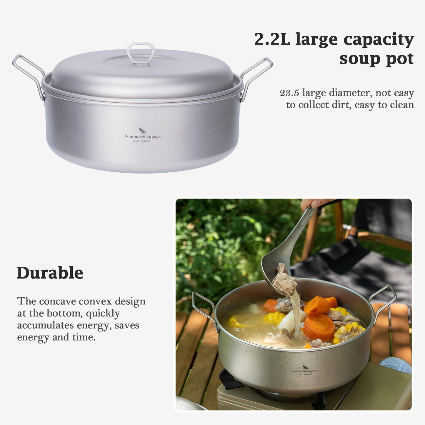 Boundless Voyage 2.2L Titanium Stock Pot with Lid – Ultralight Wide Camping Cooking Pot, TA1 Titanium Outdoor Cookware for Hiking, Picnic & Home Kitchen