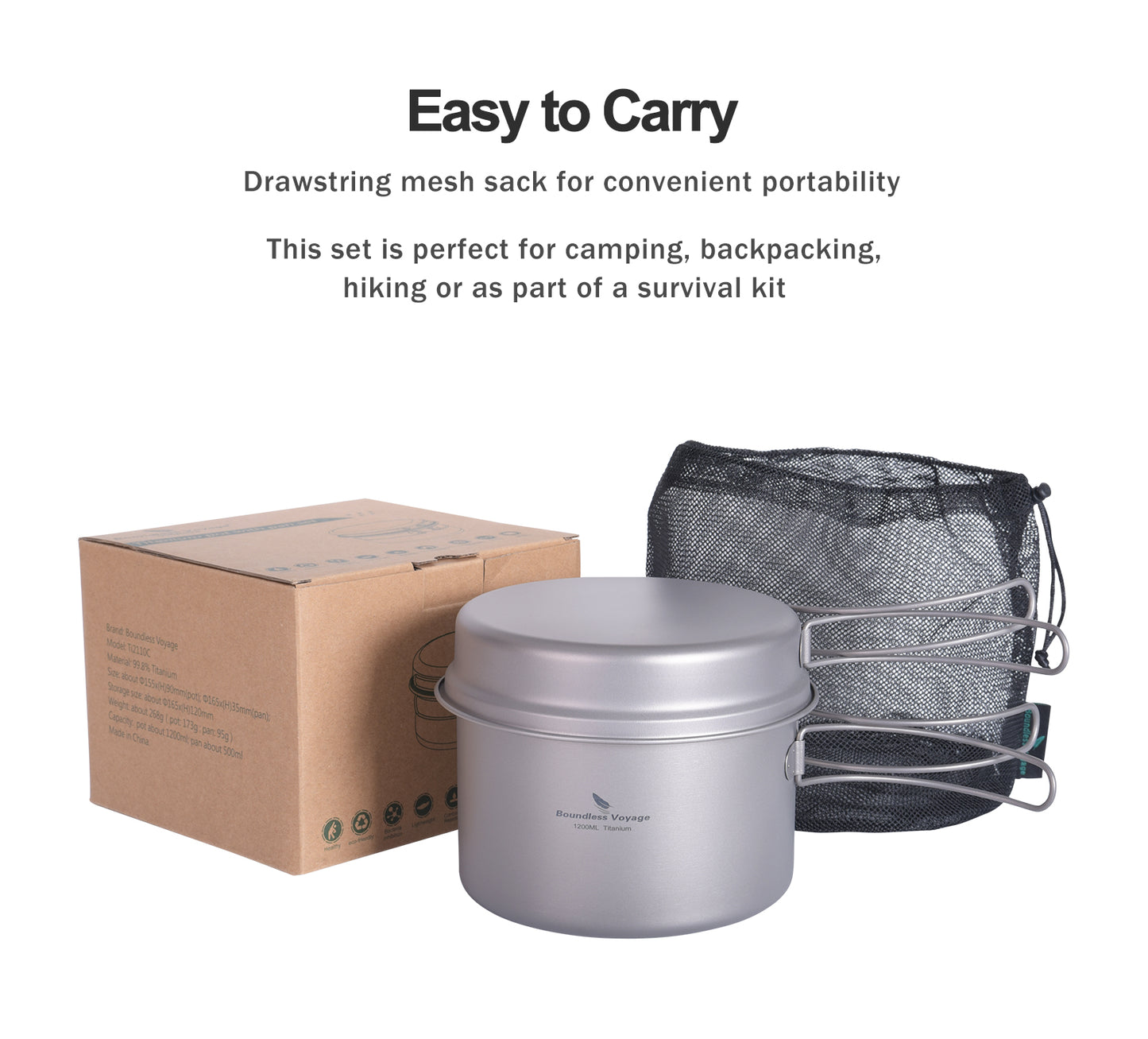 Boundless Voyage Titanium Pot & Frying Pan Set 1200ml – Ultralight Camping Cookware, Nesting TA1 Titanium Cooking Set for Backpacking, Hiking & Outdoor Cooking