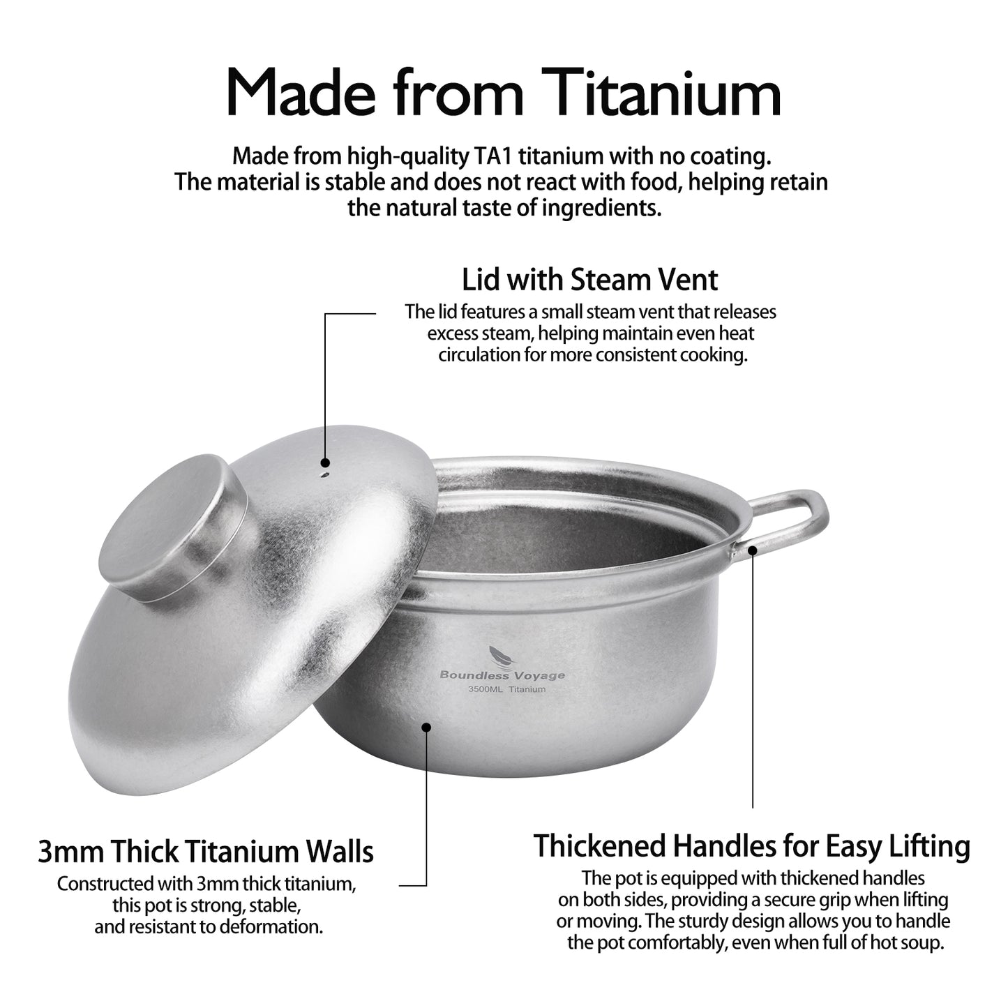 Boundless Voyage 3.5L Titanium Cooking Pot – Heavy-Duty Thick-Wall Stock Pot with Vented Lid for Home Kitchen & Outdoor Cooking