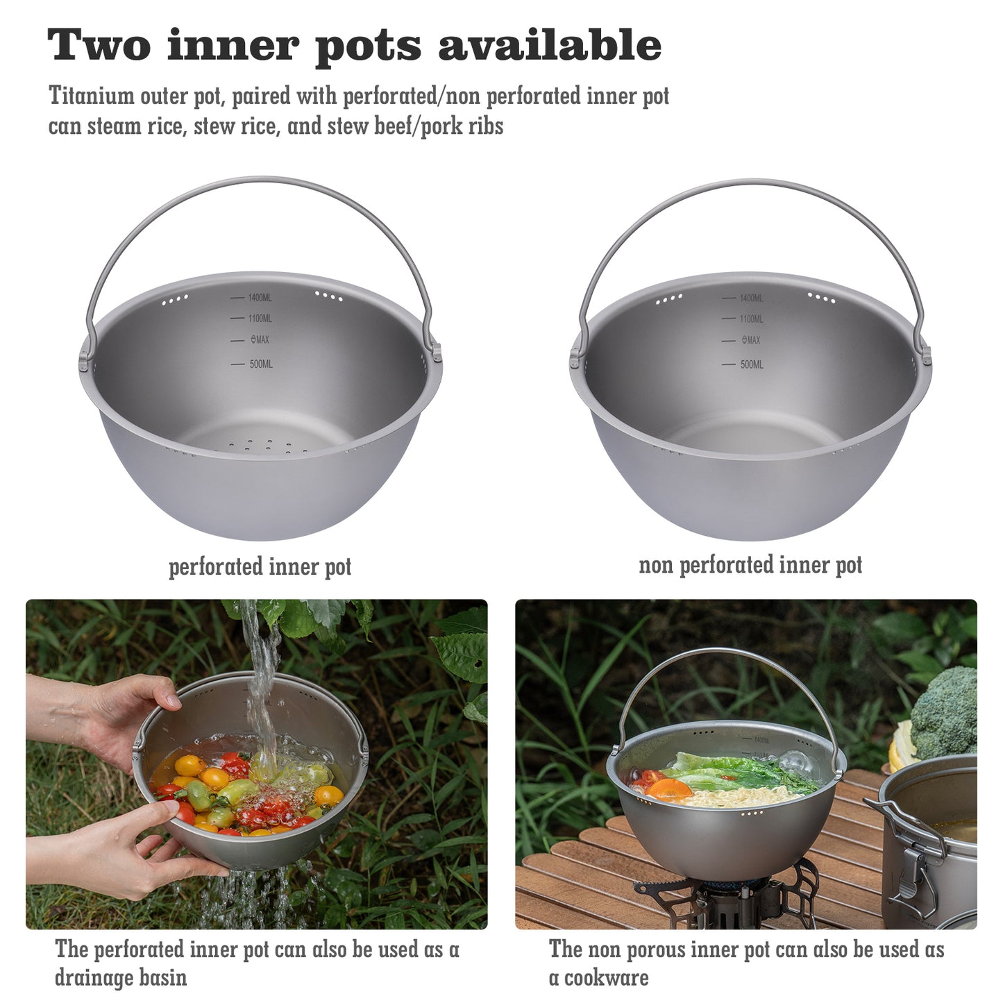 Boundless Voyage Titanium Camping Pot 3.2L  Ultralight Multifunctional Rice Cooker with Perforated Inner Liner for Hiking  Travel