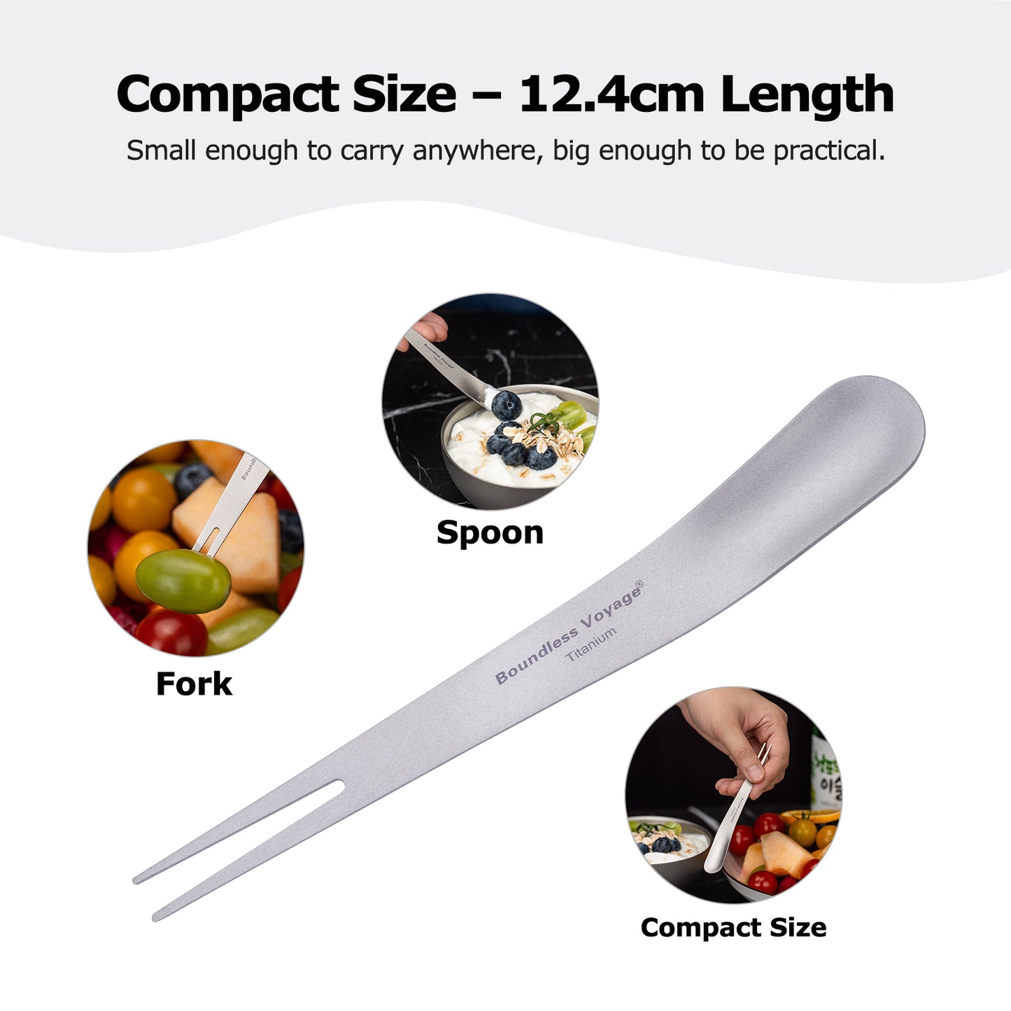 Boundless Voyage Titanium Dual-Use Fork & Spoon Set – 5pcs Ultralight Camping Cutlery with Drawstring Bag for Fruits, Coffee, Ice Cream & Travel