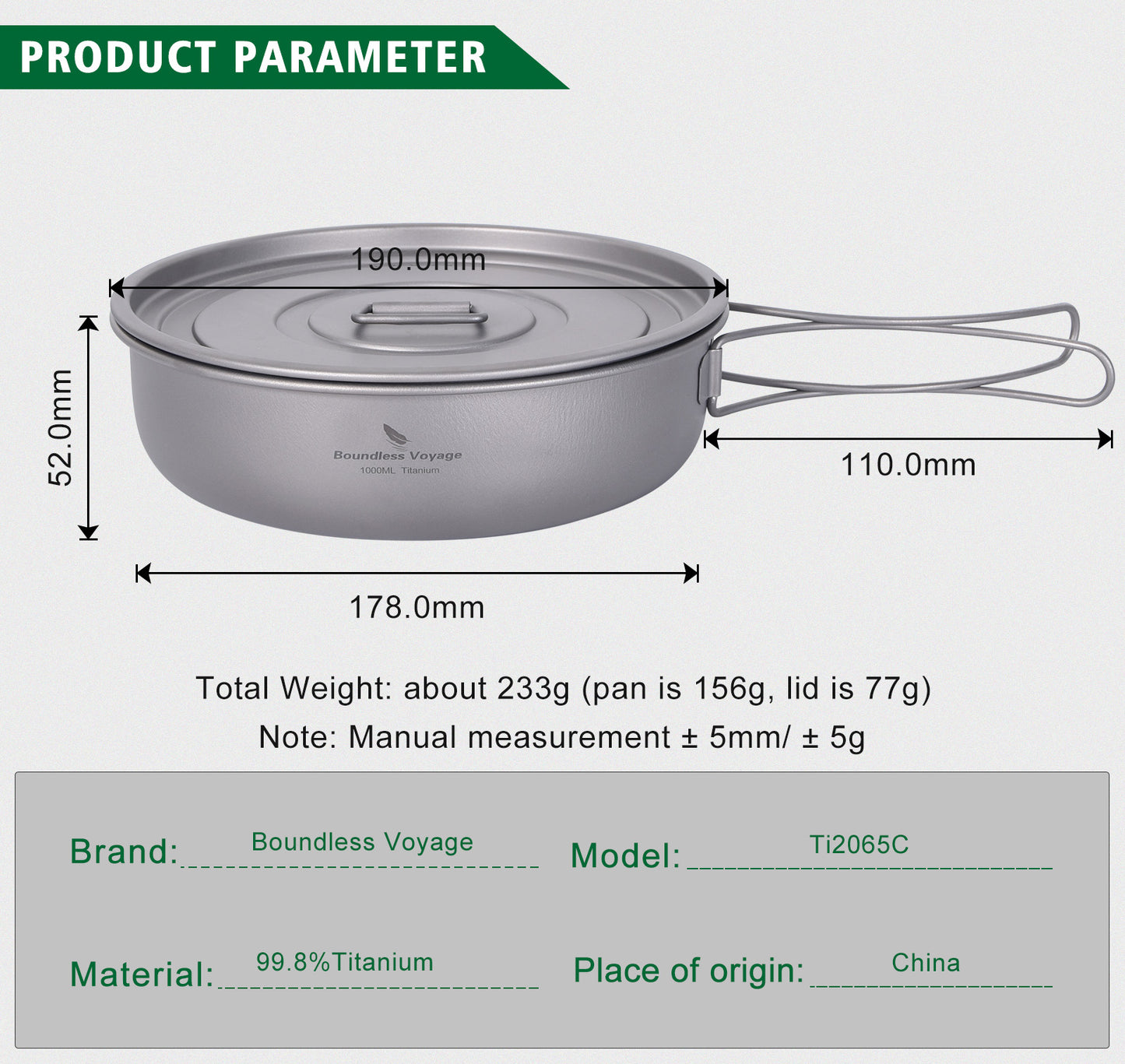 Boundless Voyage Titanium Frying Pan with Folding Handles & Lid – Ultralight Outdoor Camping Skillet & Griddle | Durable, Portable & Eco-Friendly Tableware