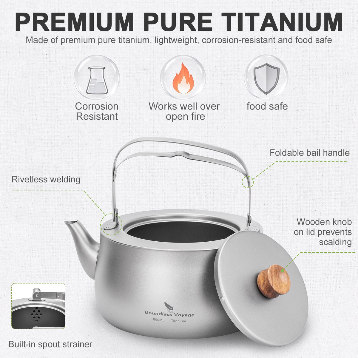 Boundless Voyage 800ml Titanium Camping Kettle – Ultralight Water Boiler with Folding Handle & Wooden Knob for Backpacking, Hiking & Outdoor Cooking
