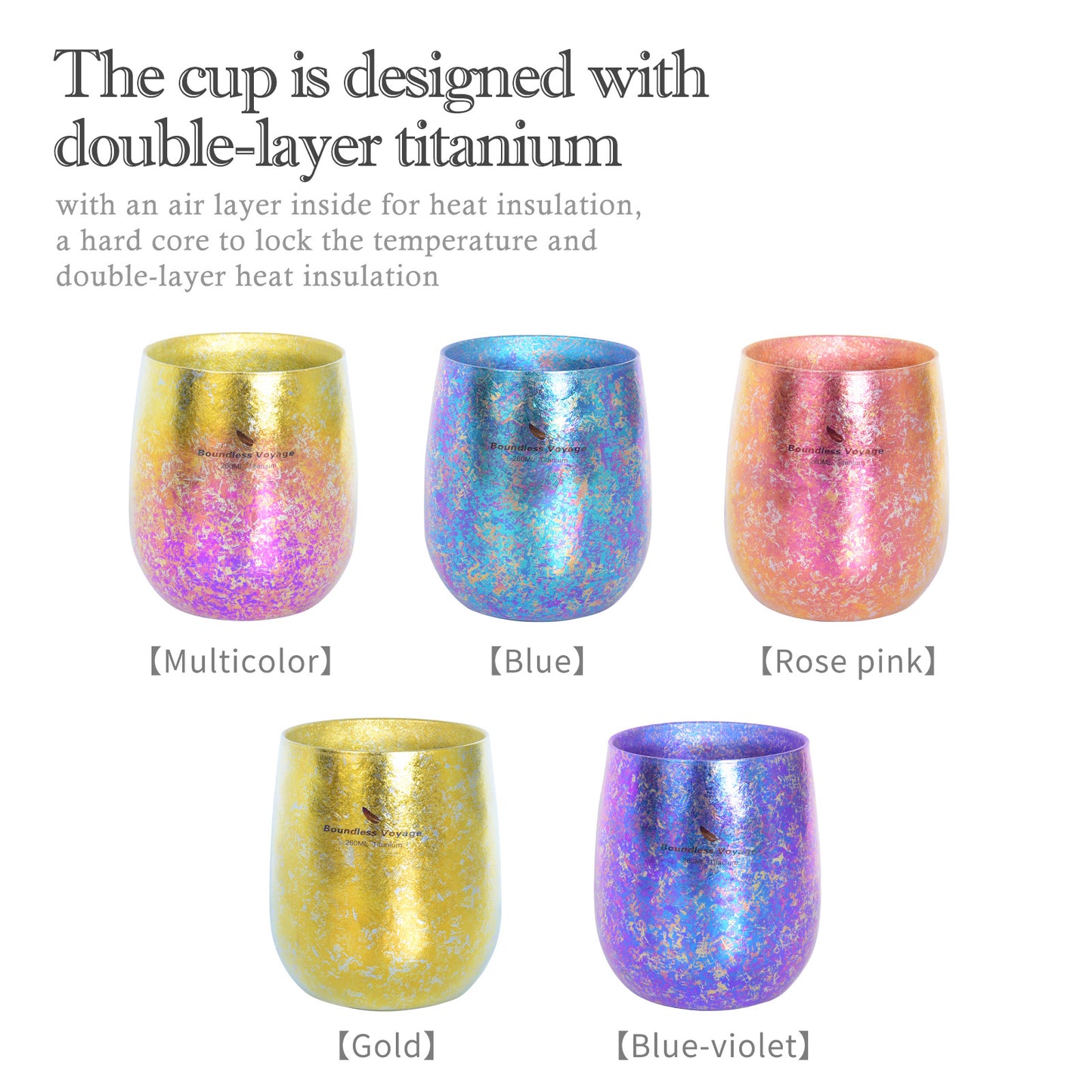 Boundless Voyage 260ml Double-Wall Titanium Cup – Colorful Insulated Mug with Ice Texture, Ultralight TA1 Titanium Coffee Tea Cup for Camping, Beer & Travel