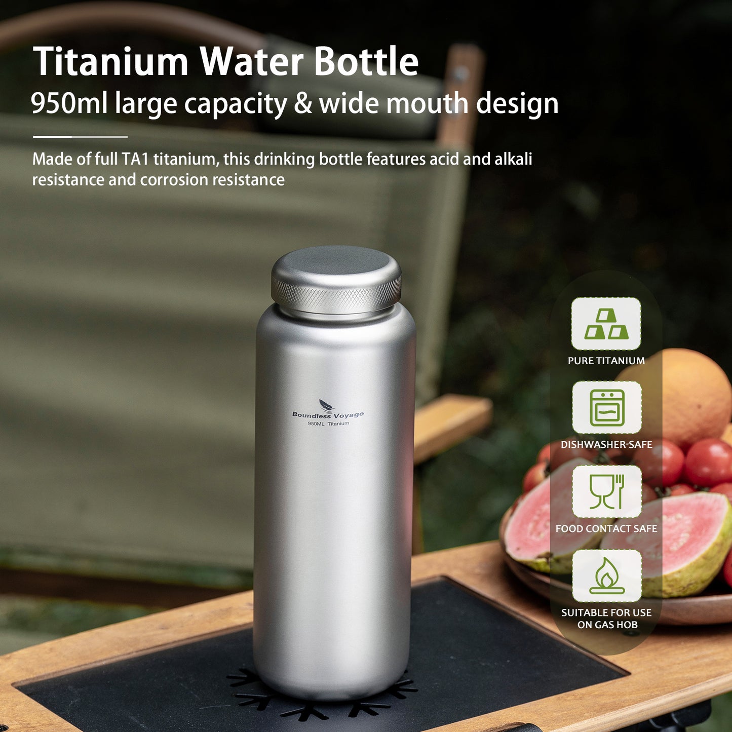 Boundless Voyage 950ml Titanium Water Bottle with Lids – TA1 Ultralight Wide Mouth Canteen for Hiking, Camping & Travel