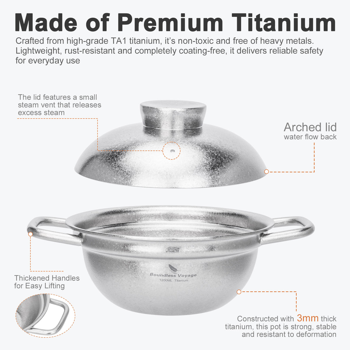 Boundless Voyage 1200ml Pure Titanium Cooking Pot with Lid – 1.2L Non-Coated Soup Pot for Camping, Hot Pot & Home Cooking