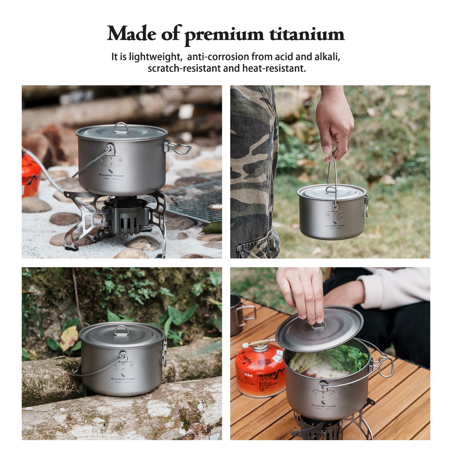 Boundless Voyage 1300ml TA1 Titanium Camping Pot with Lid – Ultralight Folding-Handle Cookware for Hiking, Picnic & Outdoor Soup Cooking