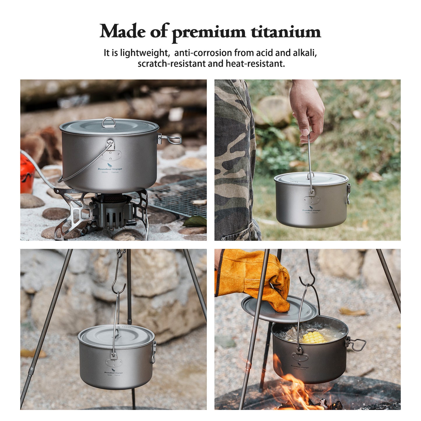 Boundless Voyage 1950ml TA1 Titanium Hanging Pot – Ultralight Campfire Cooking Pot for Camping, Backpacking & Outdoor Bushcraft