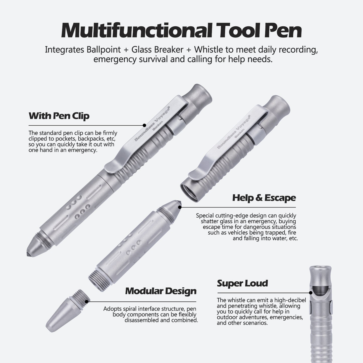 Boundless Voyage Titanium Multifunctional Pen – 3-in-1 Outdoor Emergency Tool with Whistle & Car Window Breaker