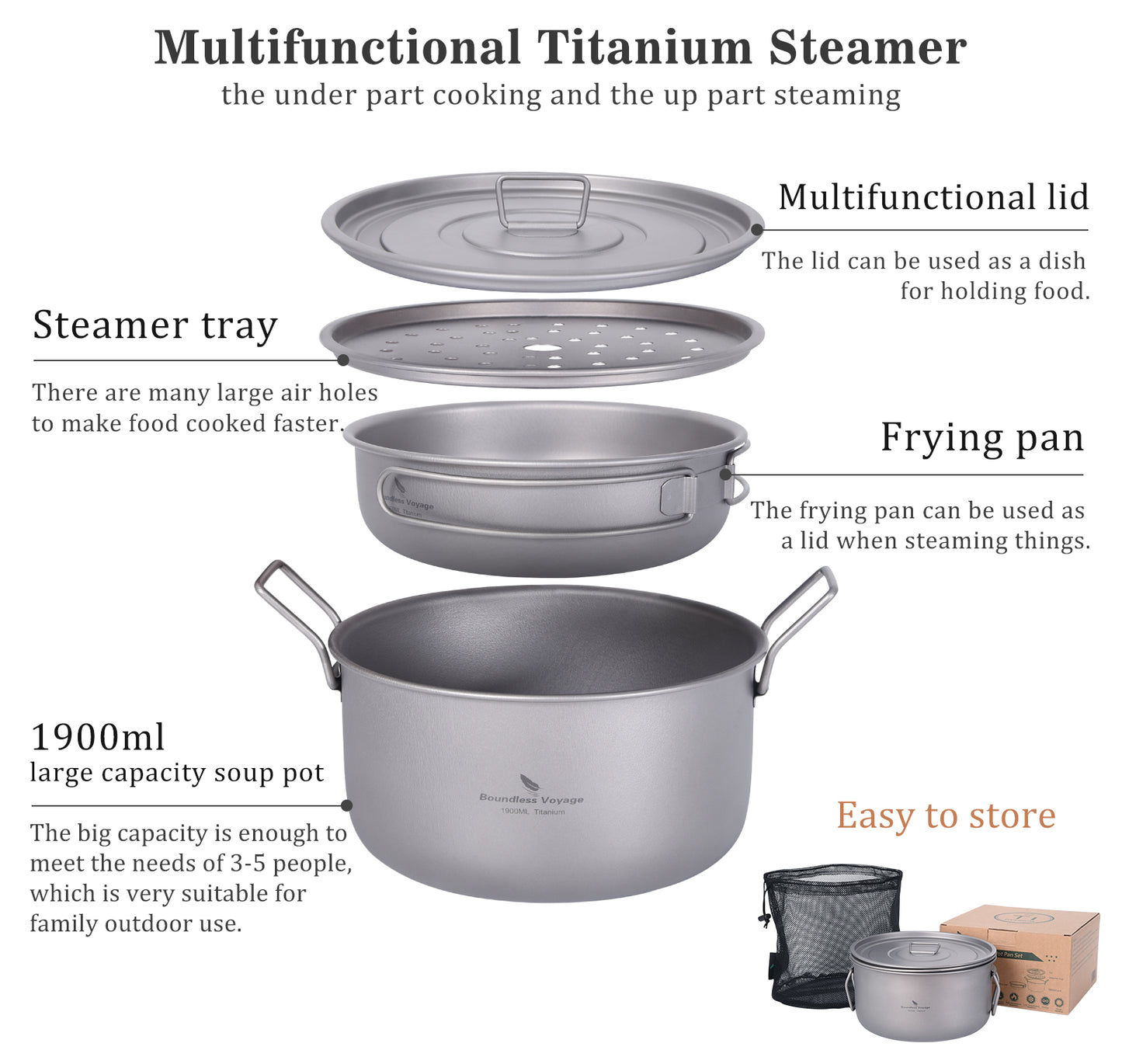Boundless Voyage Titanium Camping Cookware Set 1900ml+900ml with Steamer – Multifunctional Pot, Frying Pan & Lid Kit, Ultralight Outdoor Cooking System for Hiking & Backpacking
