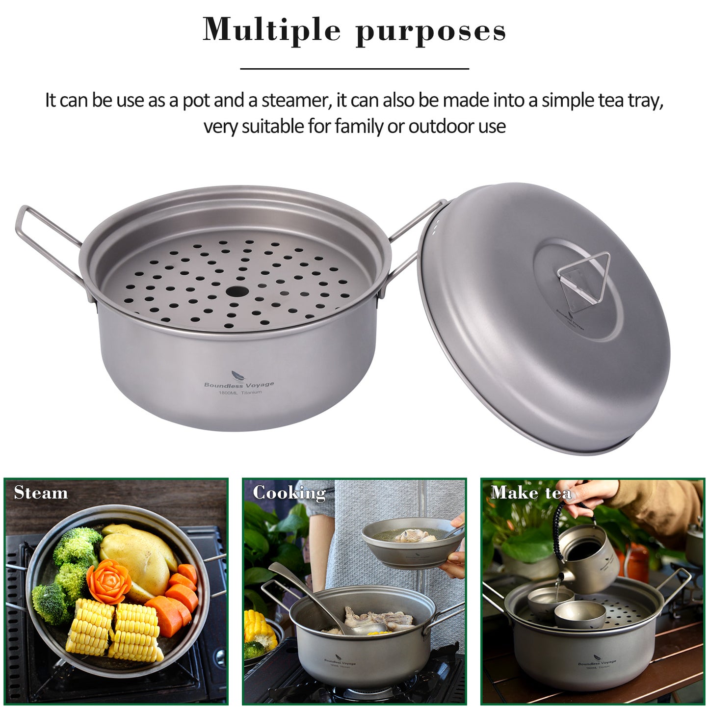 Boundless Voyage Titanium Steamer Pot Set with Lid – Ultralight Camping Stockpot & Steaming Kit, TA1 Titanium Outdoor Cookware for Backpacking, Hiking & Healthy Cooking