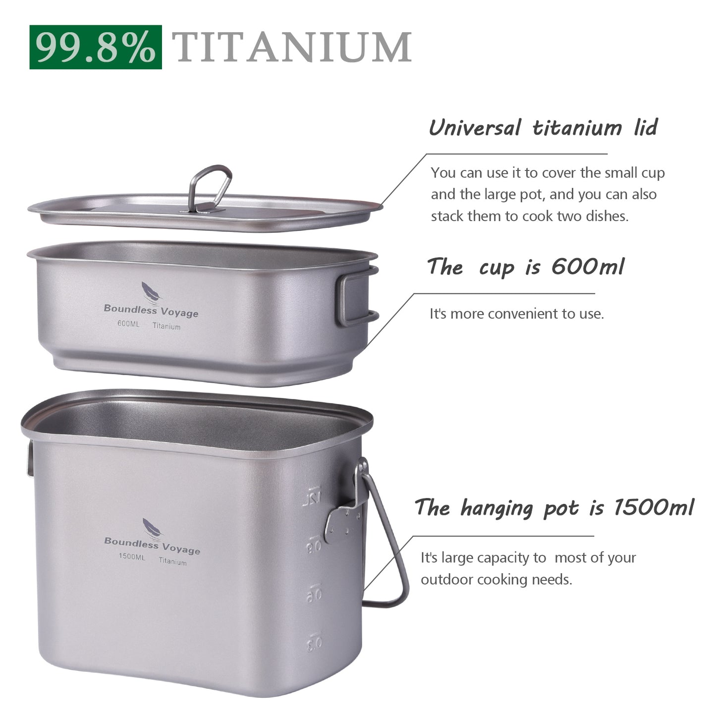 Boundless Voyage Titanium Hanging Pot & Cup Set – Ultralight Campfire Cooking Kit with Lid, TA1 Titanium Camping Cookware for Backpacking, Hiking & Outdoor Use
