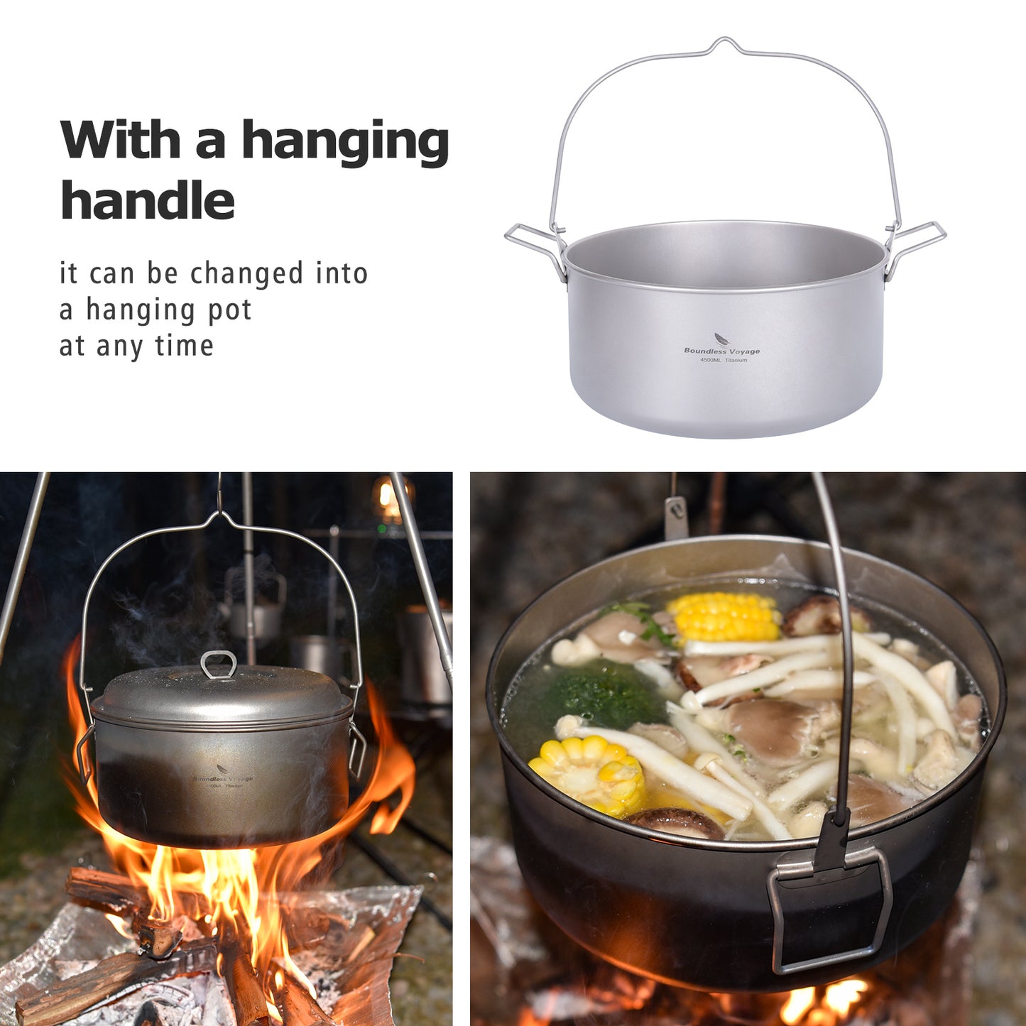 Boundless Voyage Titanium Steamer Soup Pot 4.5L +2L Outdoor Camping Cookware Lightweight Picnic Hiking Hanging Pot Portable Travel Household Kitchenware Cooking Kit Hot Pot For 3-5 Person