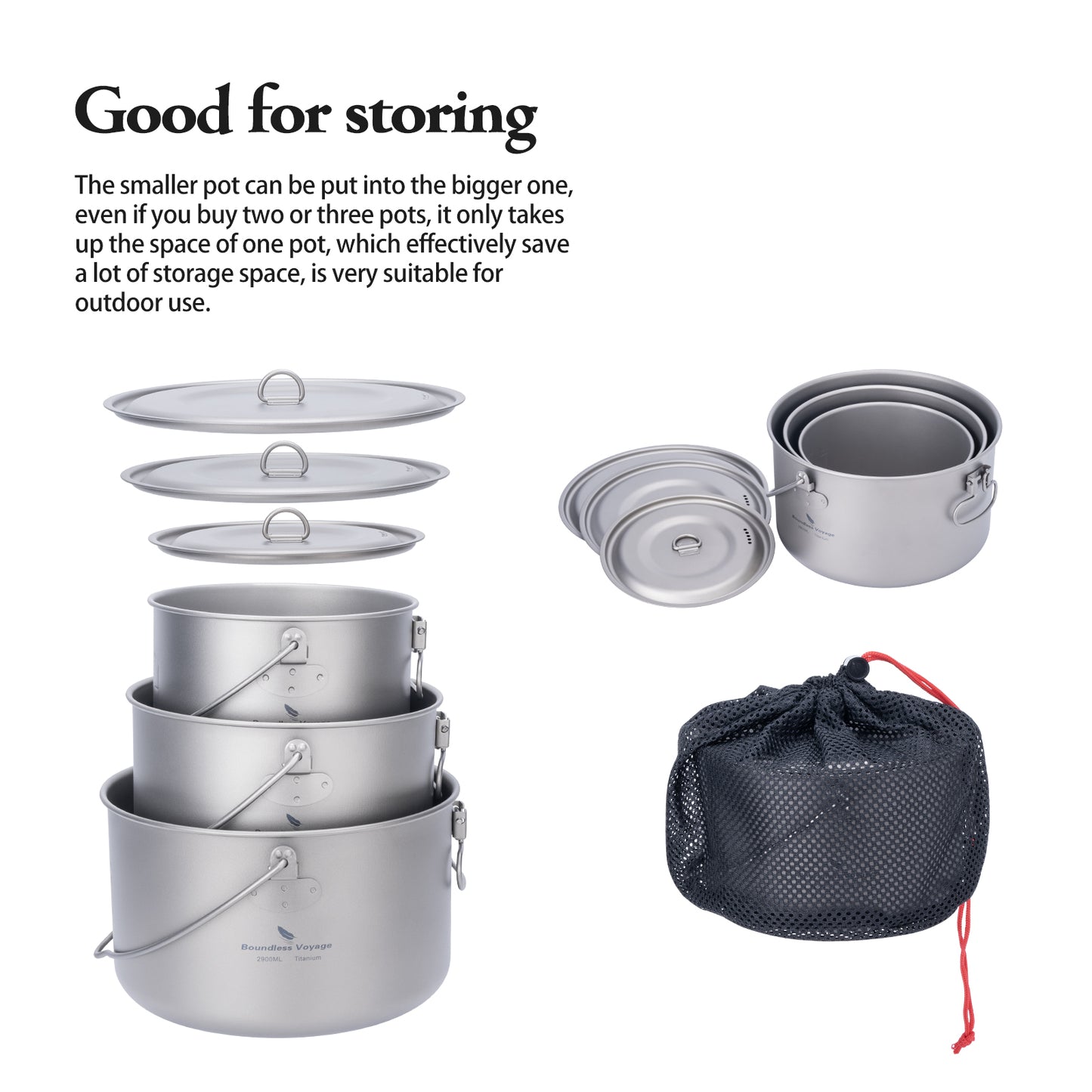Boundless Voyage Titanium Cookware Set 3-Piece (1300ml/1950ml/2900ml) – Large Capacity Camping Pots, Ultralight TA1 Titanium Cooking Set for Outdoor, Backpacking & Group Cooking