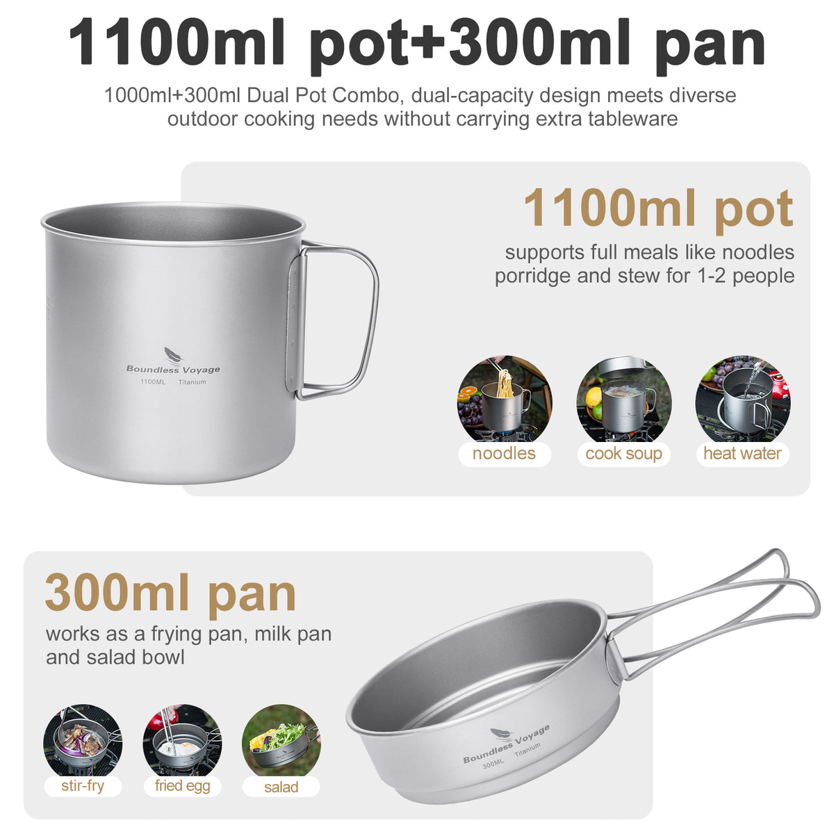 Boundless Voyage Titanium Pot & Pan Set with Folding Handles – Ultralight Camping Cookware Mess Kit for Hiking, Picnic & Outdoor Tableware