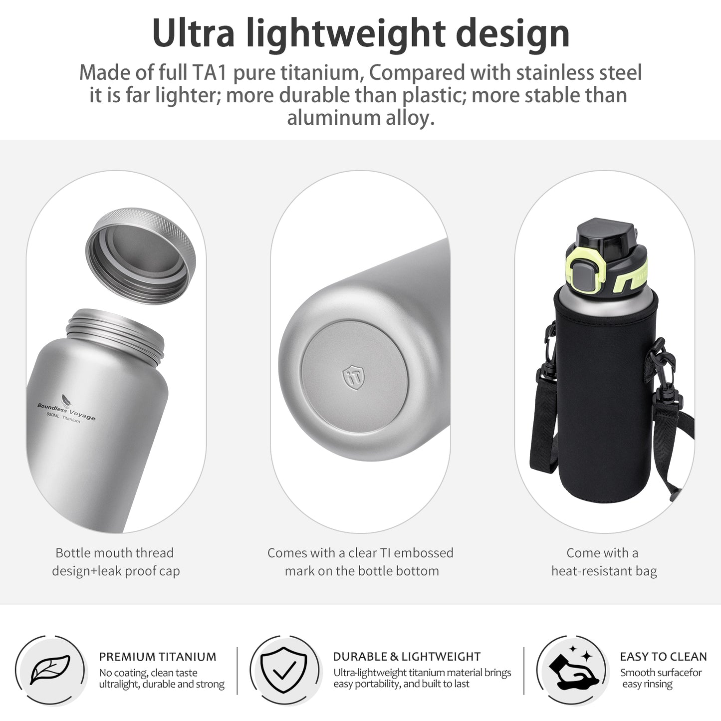 Boundless Voyage 950ml Titanium Water Bottle with Lids – TA1 Ultralight Wide Mouth Canteen for Hiking, Camping & Travel