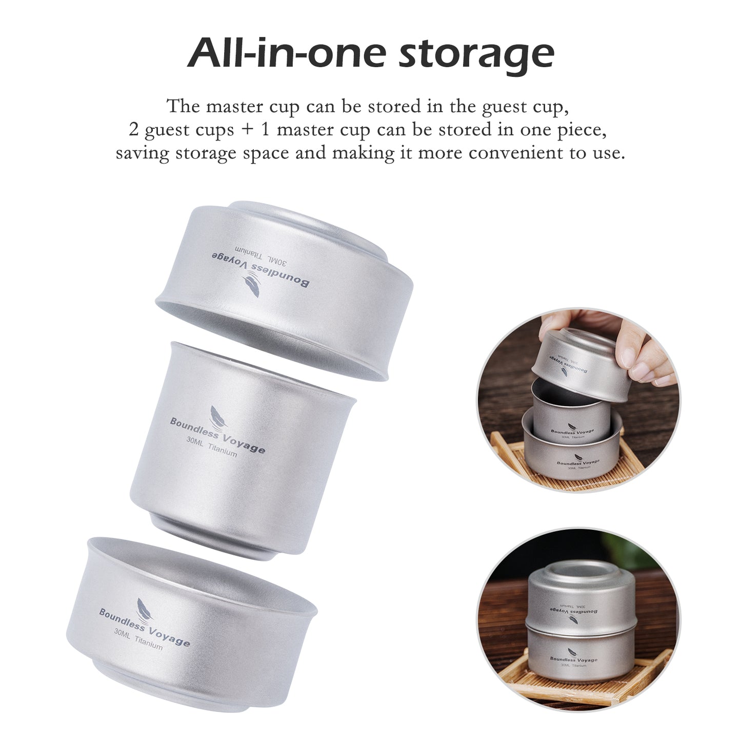 Boundless Voyage 3-Piece Titanium Double-Walled Tea Cup Set | 30ml Mini Insulated Coffee Mugs | Anti-Scald Ultralight Tasting Cups for Camping