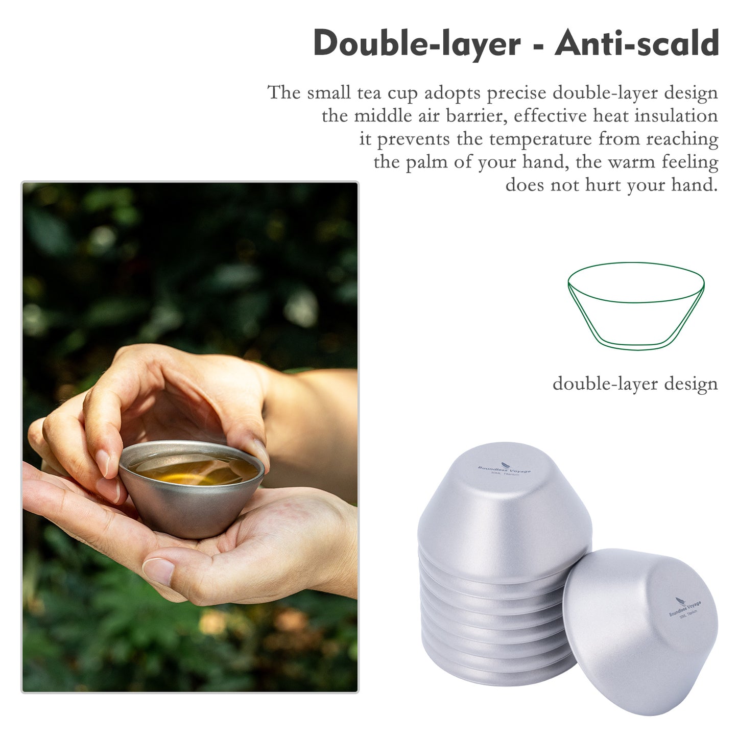 Boundless Voyage Titanium Double-Layer Mini Tea Cup Set – Portable Anti-Scald Camping Mug for Coffee, Liquor, Picnic & Hiking