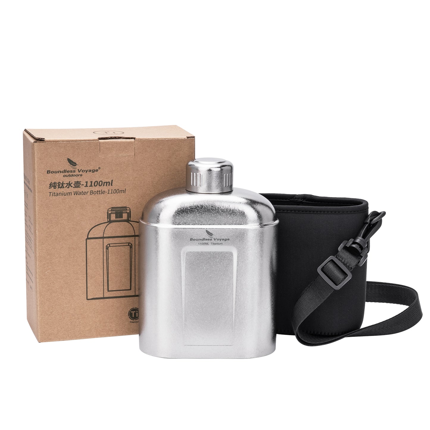 Boundless Voyage 1100ml TA1 Titanium Water Bottle – Single Wall Open-Fire Canteen with Leakproof Lid & Carry Sleeve for Camping & Outdoor Survival