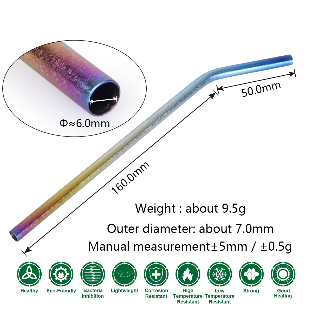 Boundless Voyage Titanium Curved Straw Cleaning Multi-color Reusable Straw with Cleaning Brush for Juice Water Coffee