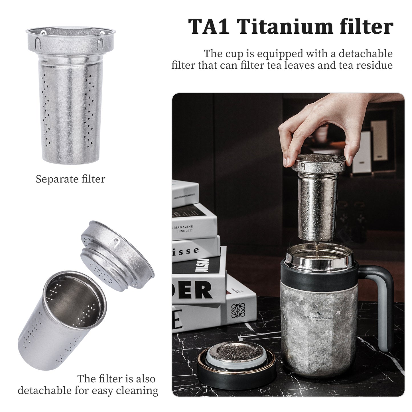 Boundless Voyage Titanium 700ml Double-Walled Insulated Cup with Lid & Filter | Portable Travel Coffee Mug for Hot & Cold Drinks