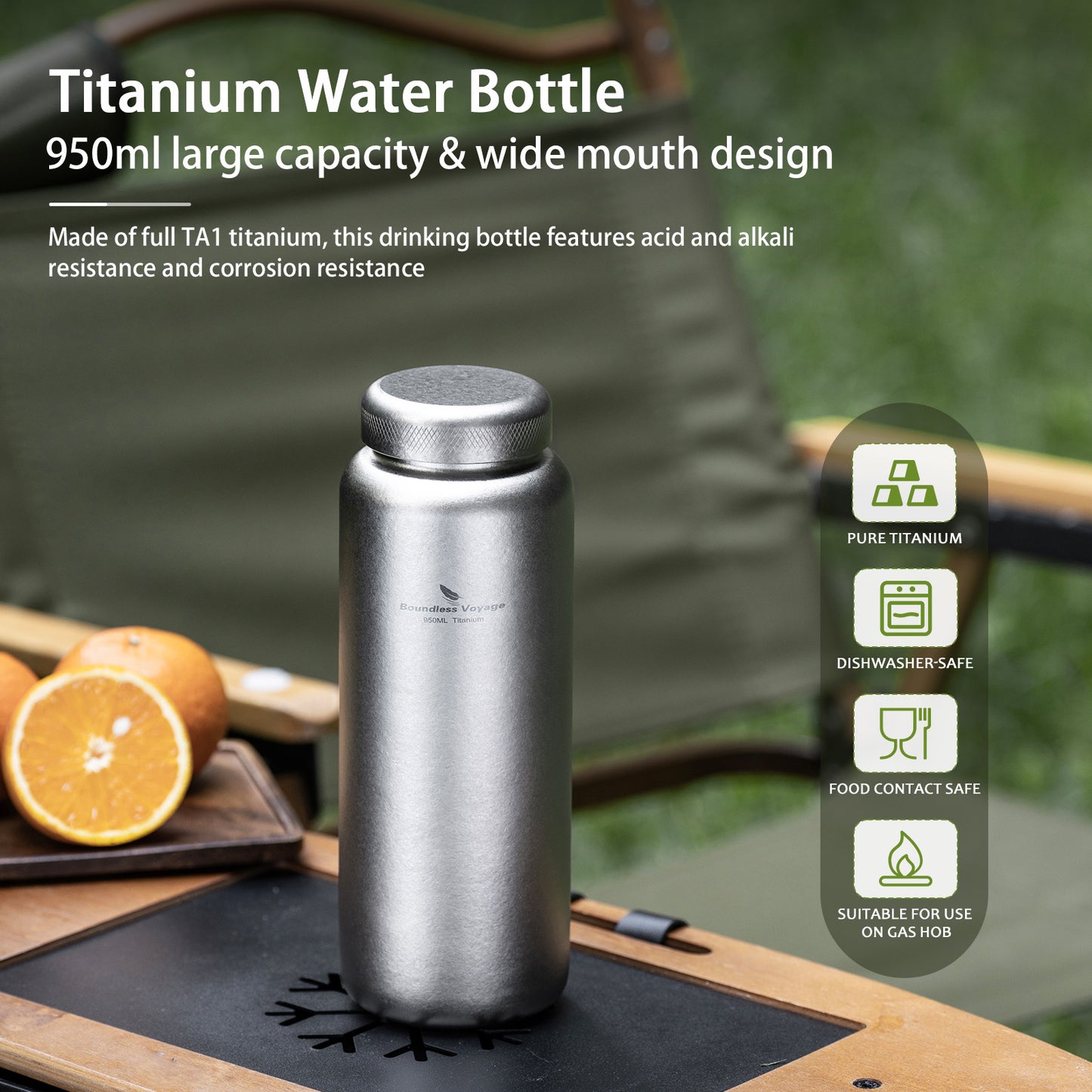 Boundless Voyage 950ml Titanium Water Bottle with Lids – TA1 Ultralight Wide Mouth Canteen for Hiking, Camping & Travel
