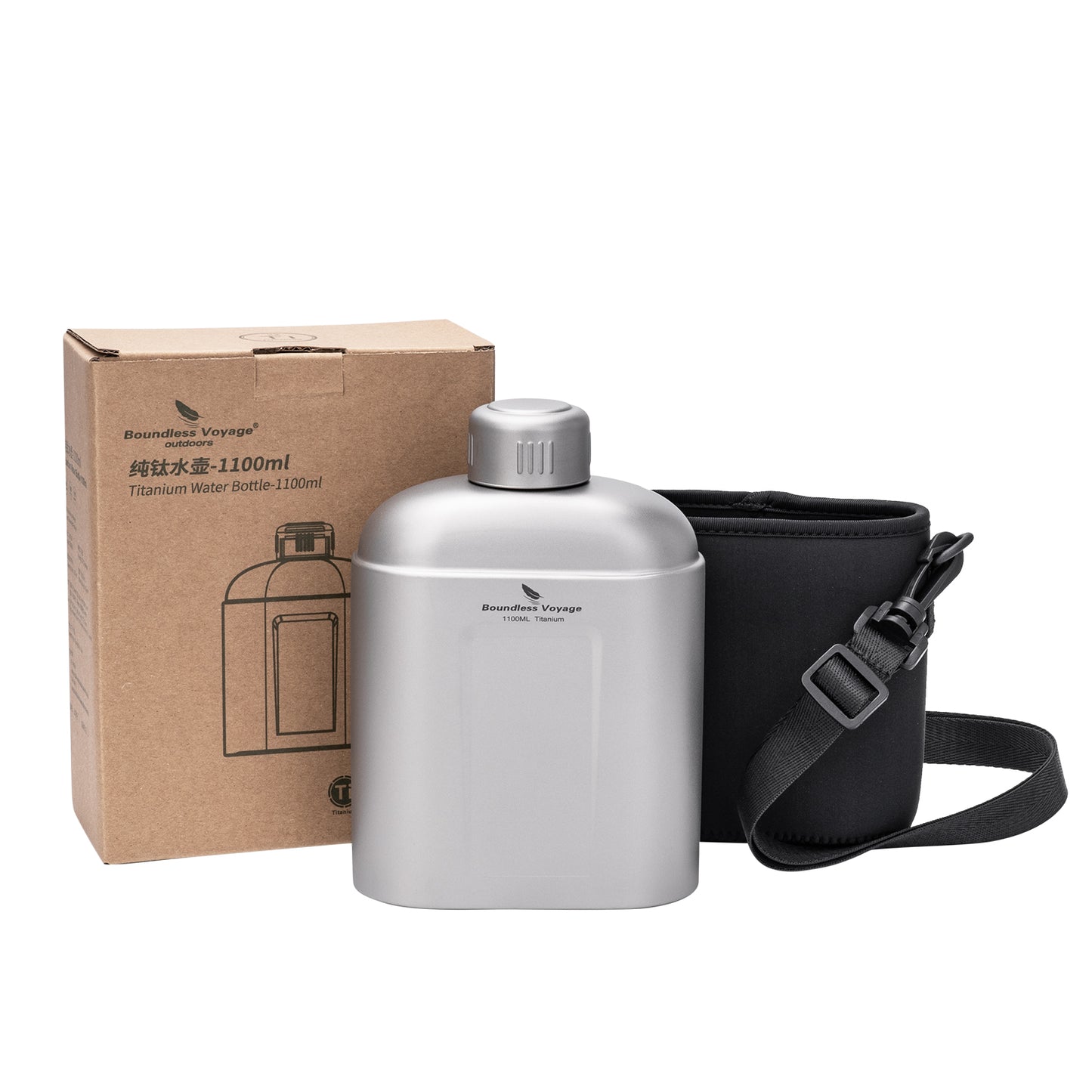 Boundless Voyage 1100ml TA1 Titanium Water Bottle – Single Wall Open-Fire Canteen with Leakproof Lid & Carry Sleeve for Camping & Outdoor Survival