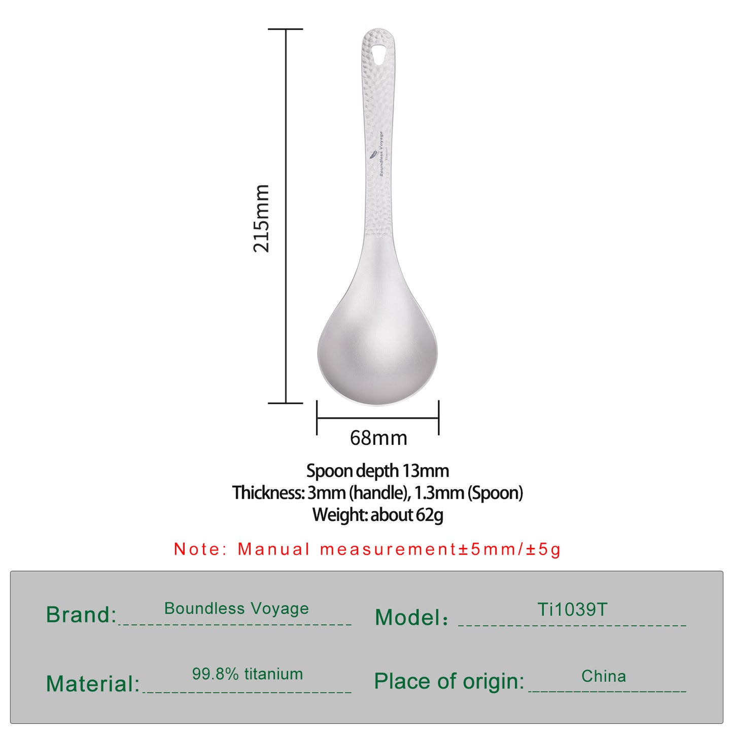 Boundless Voyage Titanium Soup Ladle 21.5cm – Large Hanging Cooking Spoon for Camping, Outdoor Kitchen & Food Serving