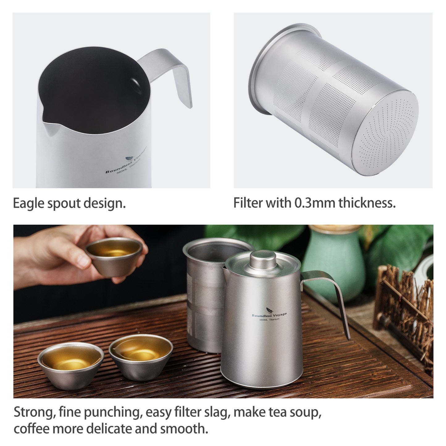 Boundless Voyage 380ml Titanium Teapot Set | 136g Ultralight Kettle with 40ml Double-Wall Cups | Anti-Scald Travel Tea Set for Camping & Hiking