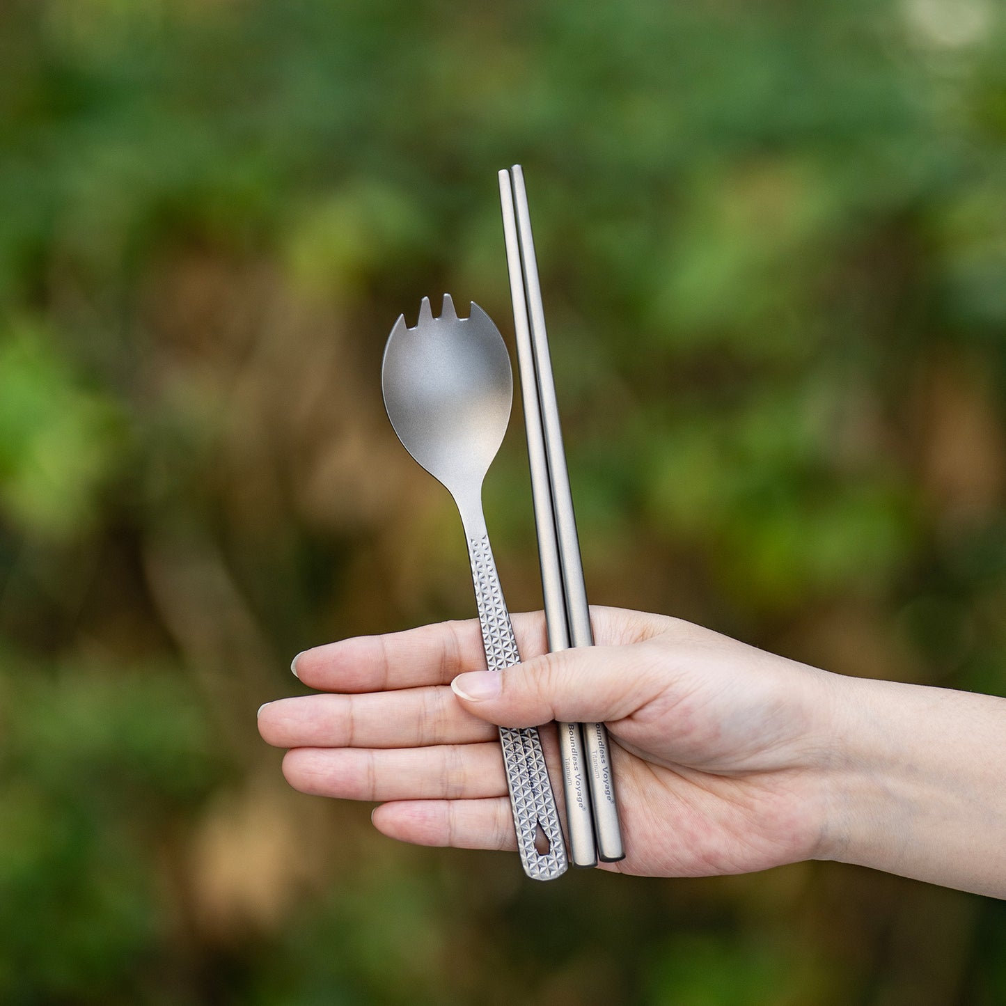 Boundless Voyage Titanium Chopsticks & Spork Set | Ultralight 2-in-1 Camping Cutlery | Non-Coated & Dishwasher Safe