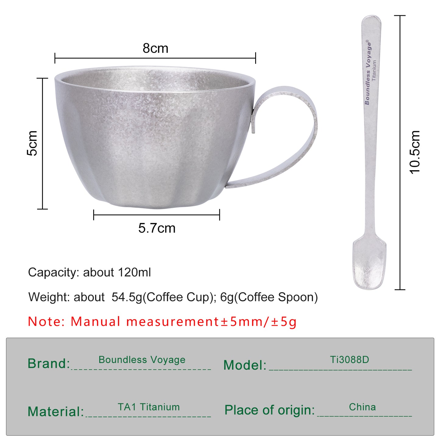 Boundless Voyage 120ml Titanium Double-Wall Espresso Cup with Coffee Spoon – Ultralight, Heat-Insulated Coffee Cup with Fixed Handle for Home Barista, Office, Travel & Camping