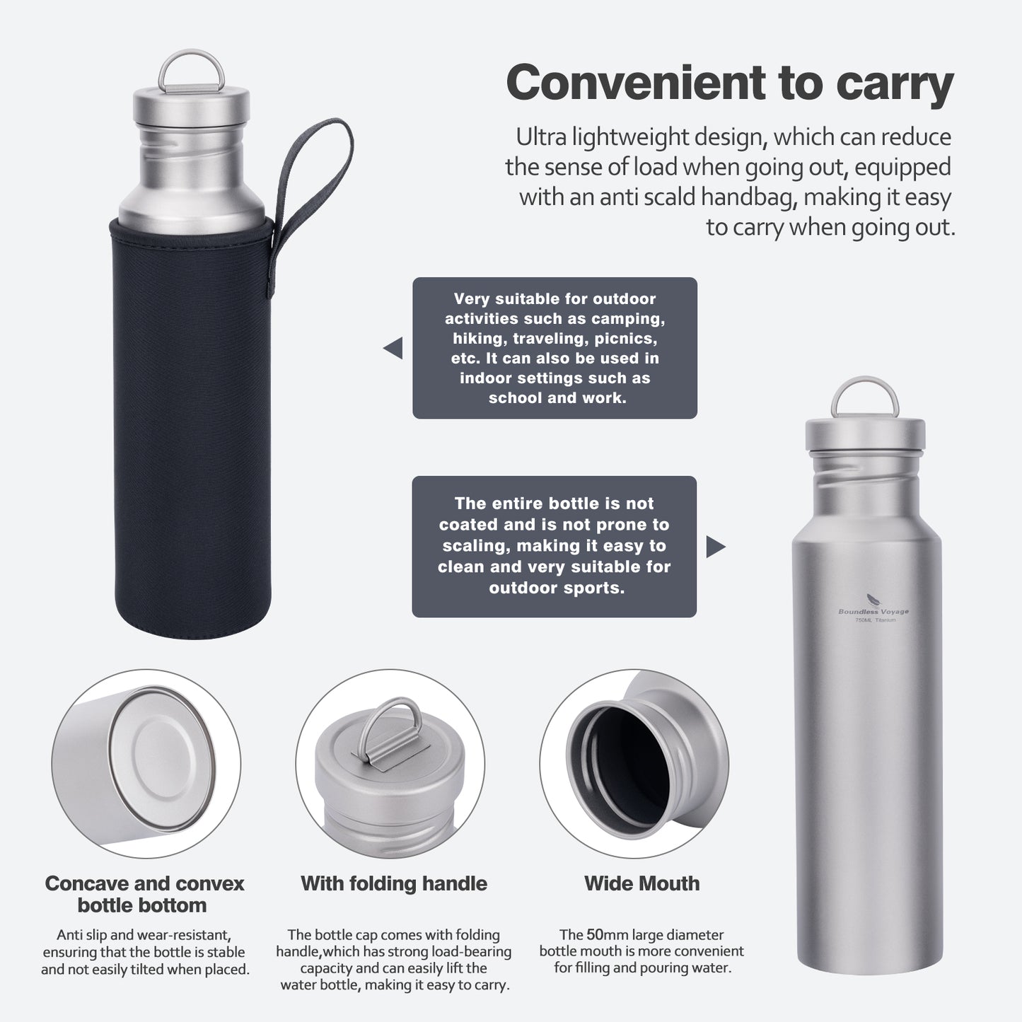 Boundless Voyage Titanium Water Bottle 550ml with Lid Wide Mouth Leak-Proof Reusable Sport Drinking Bottle for Camping Hiking Tea Coffee