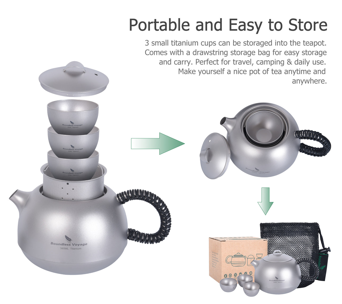 Boundless Voyage Titanium Kung Fu Tea Set | 380ml Kettle & 3PCS 25ml Cups | Anti-Scald Ultralight Tea Maker for Camping, Hiking & Travel