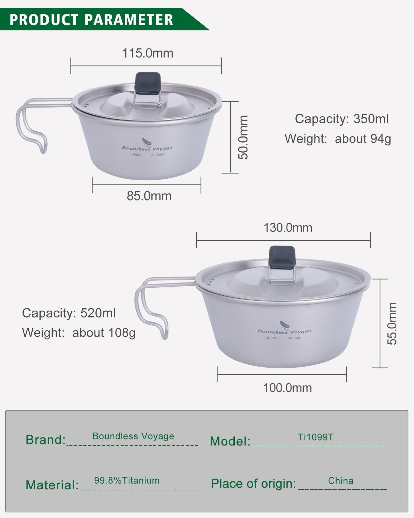 Boundless Voyage Titanium Sierra Cup Set with Lid – 350ml & 520ml Ultralight Camping Mug Bowls for Cooking & Outdoor Use