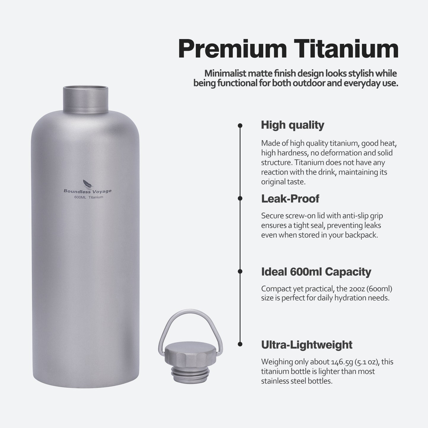 Boundless Voyage Titanium Water Bottle 600ml Ultralight Leak-Proof Lid, Durable & Corrosion Resistant, for Hiking, Camping, Travel & Everyday Use
