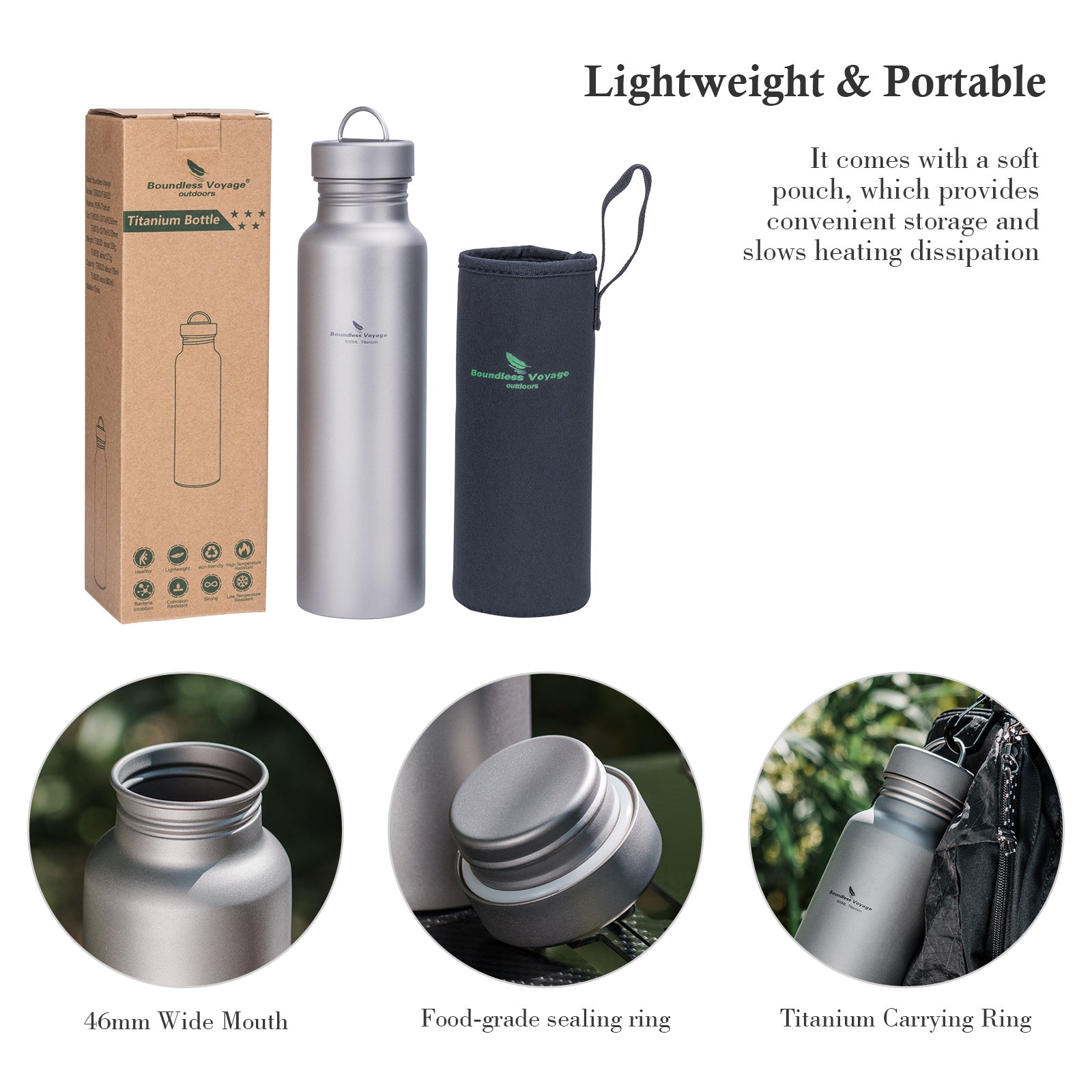 Boundless Voyage 800ml Pure Titanium Water Bottle with Titanium