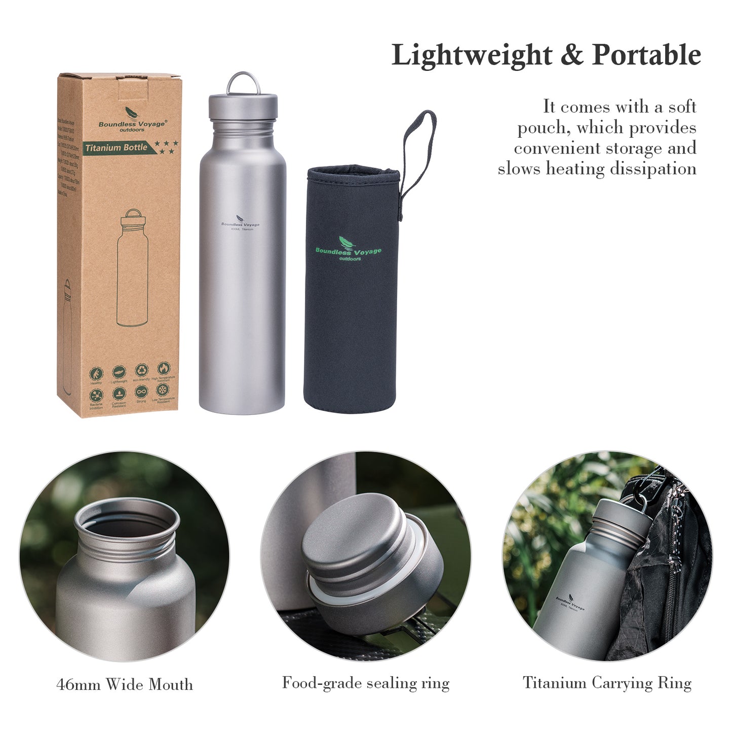 Boundless Voyage 800ml Pure Titanium Water Bottle with Titanium Lid | 27oz Ultralight Plastic-Free Sports Flask | Leakproof & Non-Toxic Metal Canteen for Cycling, Hiking & EDC