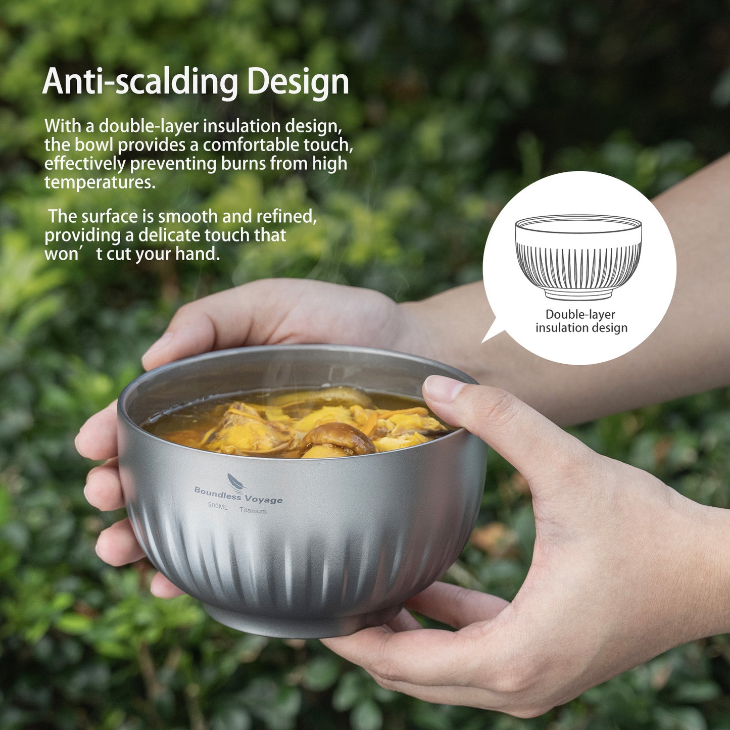 Boundless Voyage 350ml Titanium Double-Walled Bowl – Ultralight Insulated Camping Tableware for Rice, Soup & Oatmeal