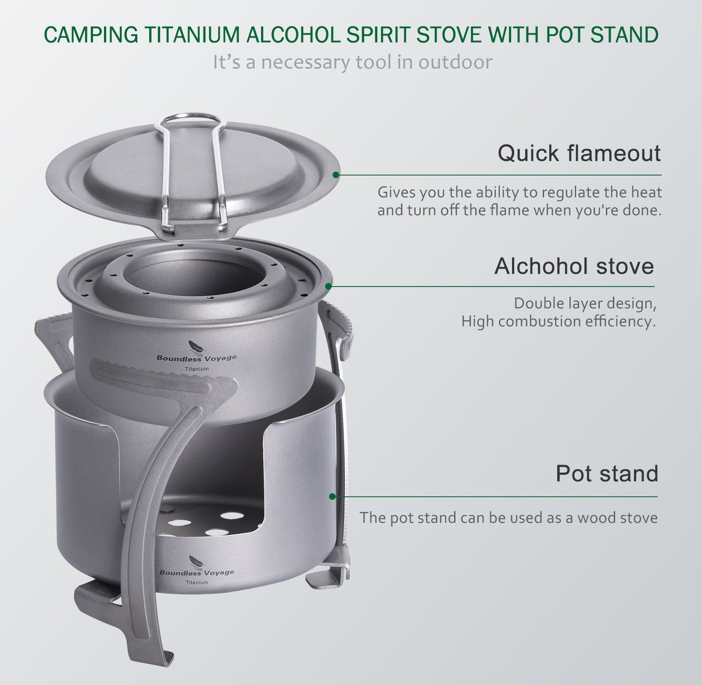 Boundless Voyage Titanium Alcohol Stove with Pot Stand – Ultralight Camping Burner Set for Backpacking, Hiking & Outdoor Cooking