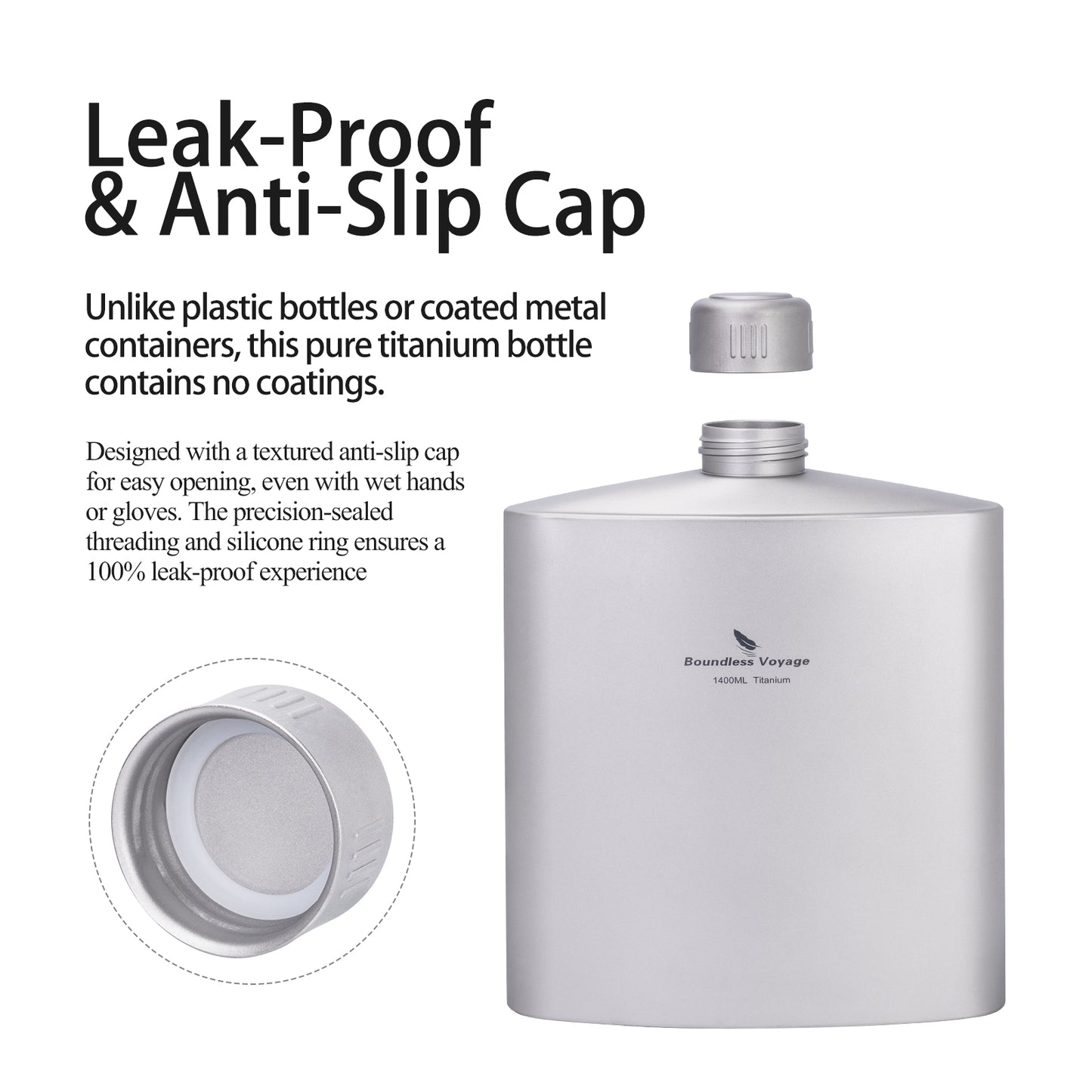Boundless Voyage Titanium Water Bottle 1.4L – Leak-Proof Anti-Slip Cap, Ultra-Lightweight & Durable, Ideal for Camping, Hiking & Everyday Use