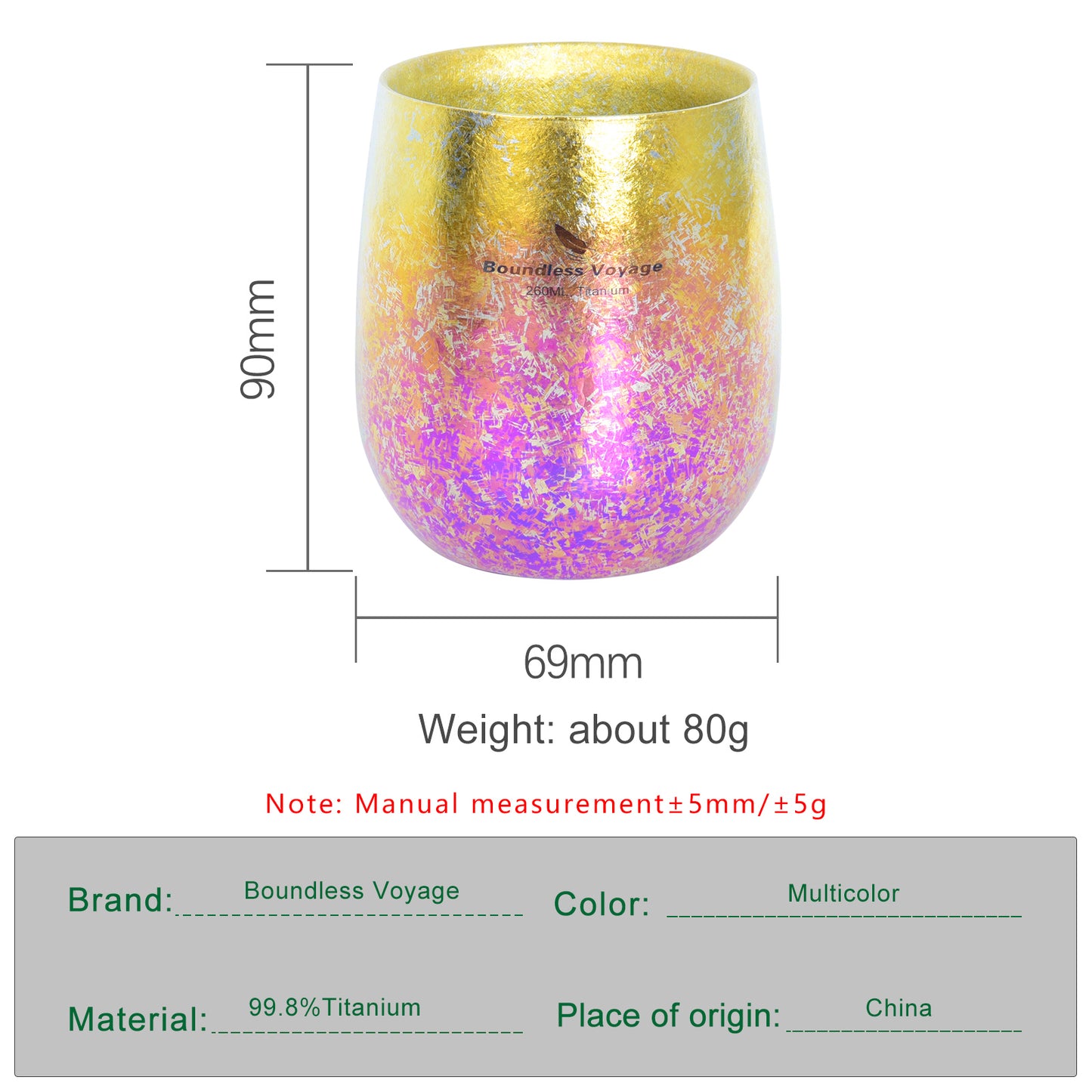 Boundless Voyage 260ml Double-Wall Titanium Cup – Colorful Insulated Mug with Ice Texture, Ultralight TA1 Titanium Coffee Tea Cup for Camping, Beer & Travel