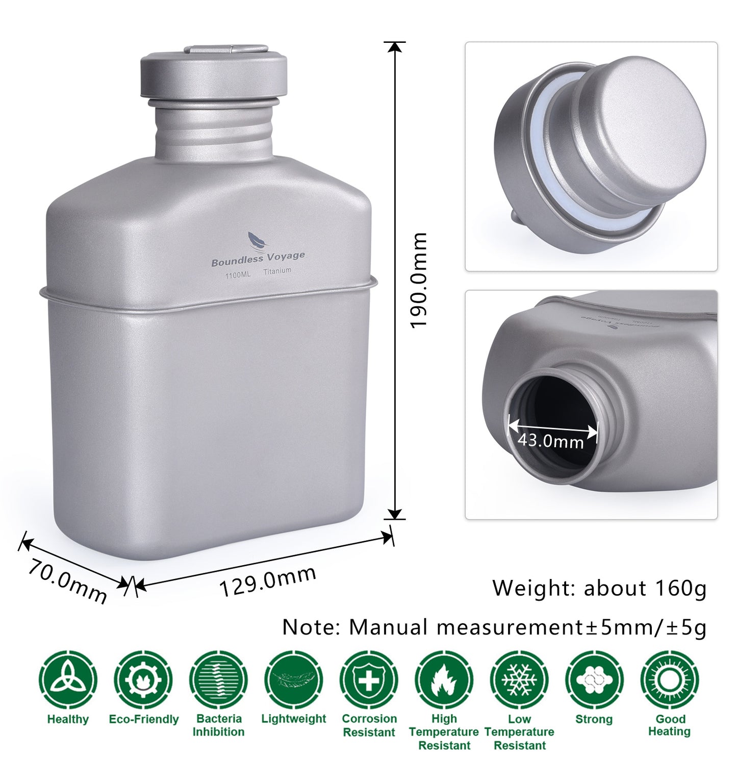 Boundless Voyage Titanium Military Canteen Can be Boiled with Carry Bag Outdoor Camping Big Capacity Water Bottle 1100ml