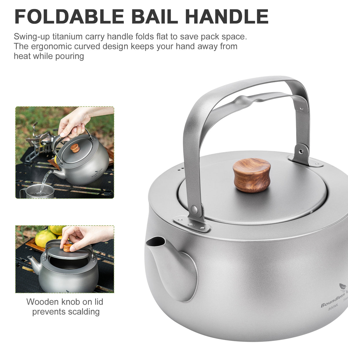 Boundless Voyage 800ml Titanium Camping Kettle – Ultralight Water Boiler with Folding Handle & Wooden Knob for Backpacking, Hiking & Outdoor Cooking