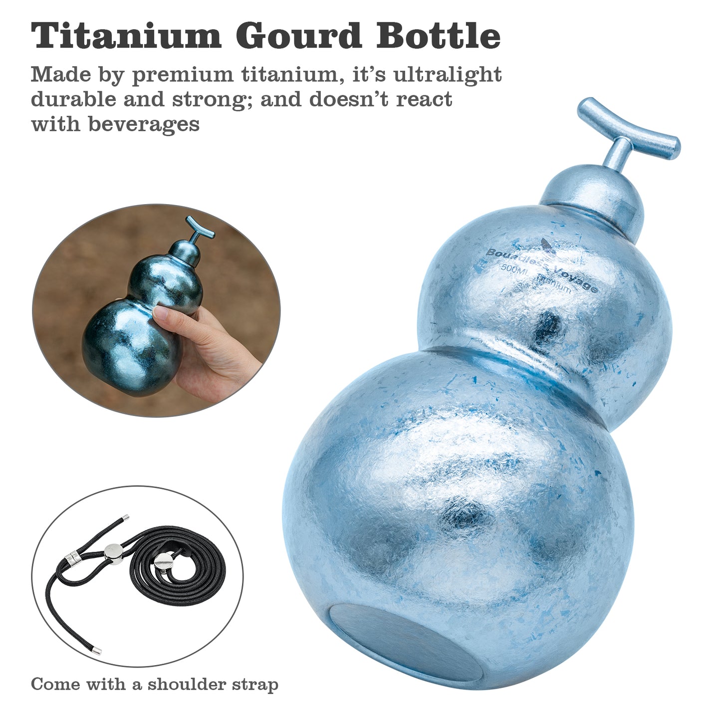 Boundless Voyage Premium Titanium Gourd Flask  | 500ml Crystallized Ice-Texture Canteen | Ultralight & Rustproof Alcohol Drinkware for Hiking & Camping