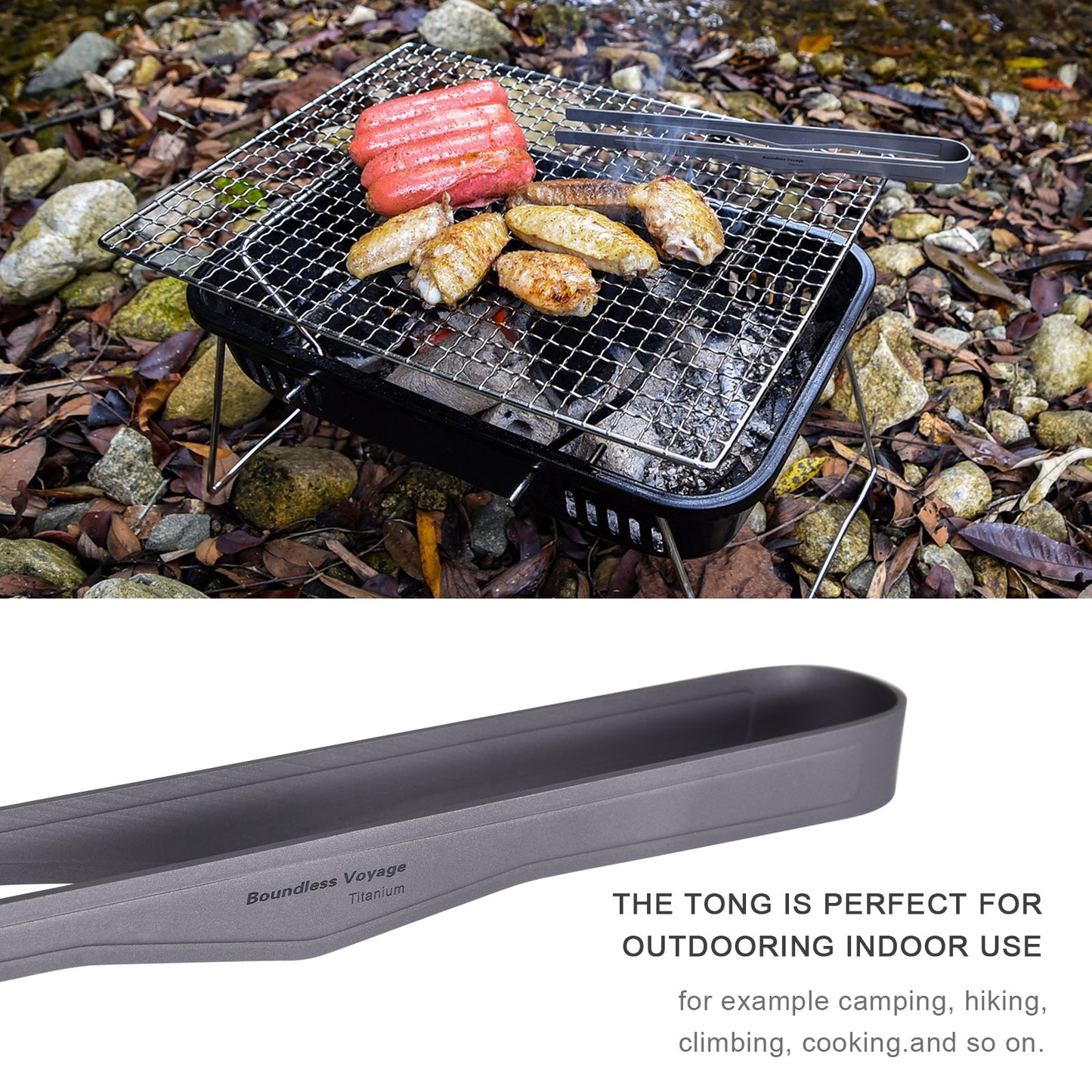 Boundless Voyage 10 inch Titanium Multipurpose BBQ Tweezer Food Long Tongs Steak Clip Fire Poker