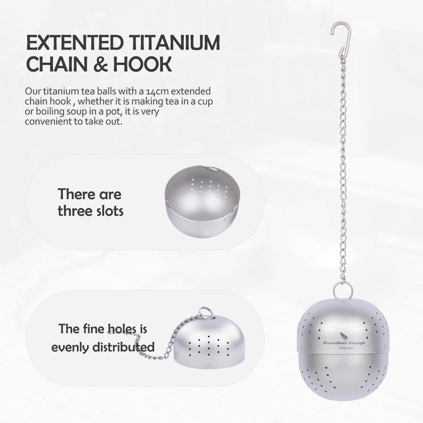 Boundless Voyage Titanium Tea Ball Infuser – Lightweight Loose Leaf Tea Strainer with Extended Chain, Fine Mesh Tea Filter for Mug, Teapot & Spices