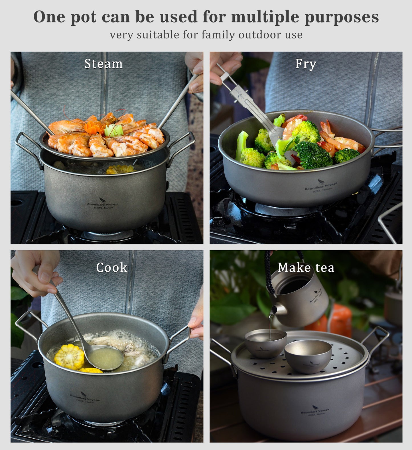Boundless Voyage Titanium Camping Cookware Set 1900ml+900ml with Steamer – Multifunctional Pot, Frying Pan & Lid Kit, Ultralight Outdoor Cooking System for Hiking & Backpacking