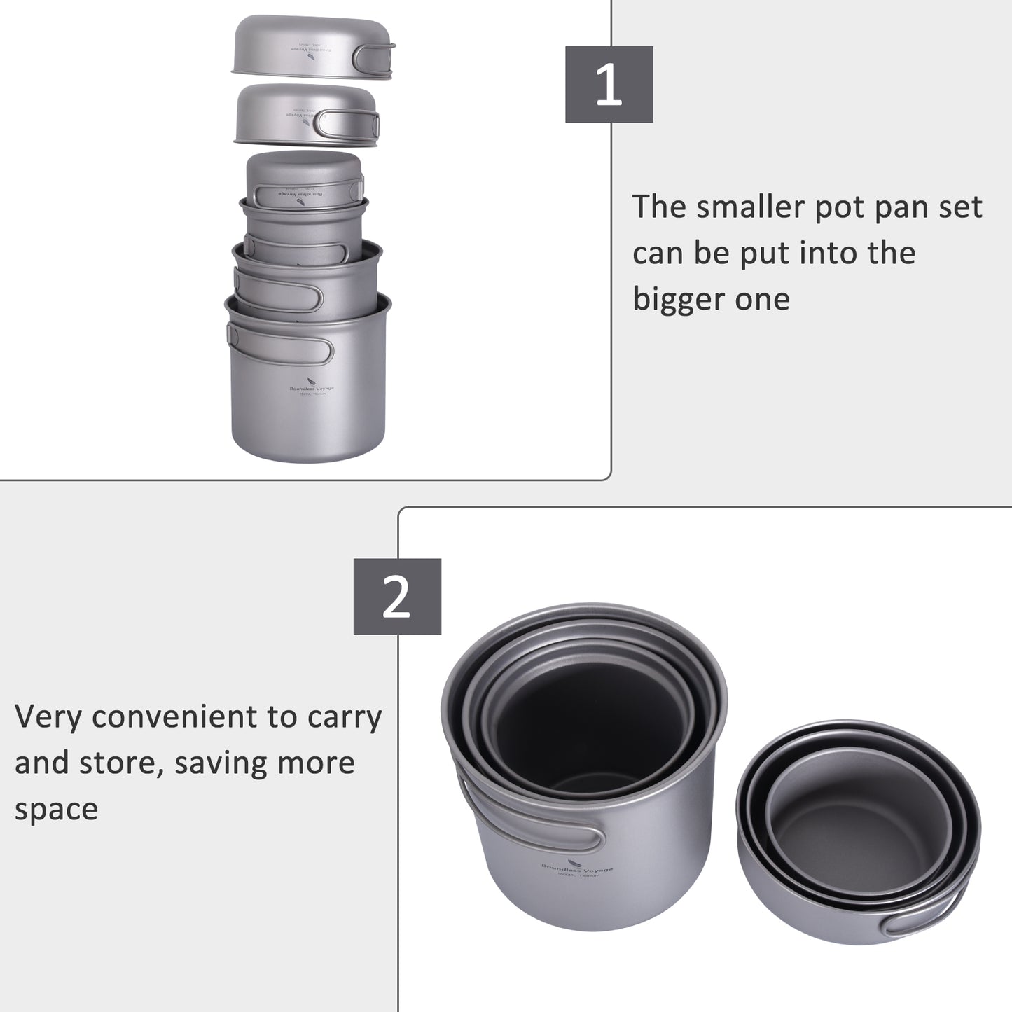 Boundless Voyage Titanium Pot Pan Set 400ml+500ml+1100ml+1500ml– Ultralight Camping Cookware (1100ml / 1500ml), Nesting TA1 Titanium Mug Plate Set for Backpacking & Hiking