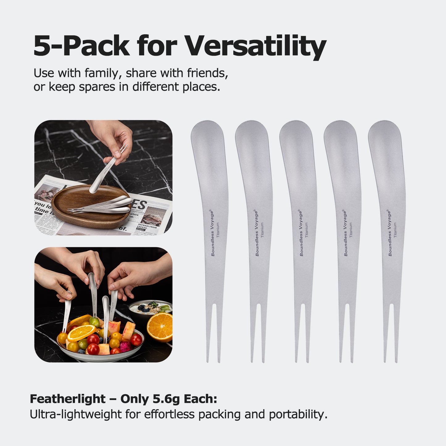 Boundless Voyage Titanium Dual-Use Fork & Spoon Set – 5pcs Ultralight Camping Cutlery with Drawstring Bag for Fruits, Coffee, Ice Cream & Travel