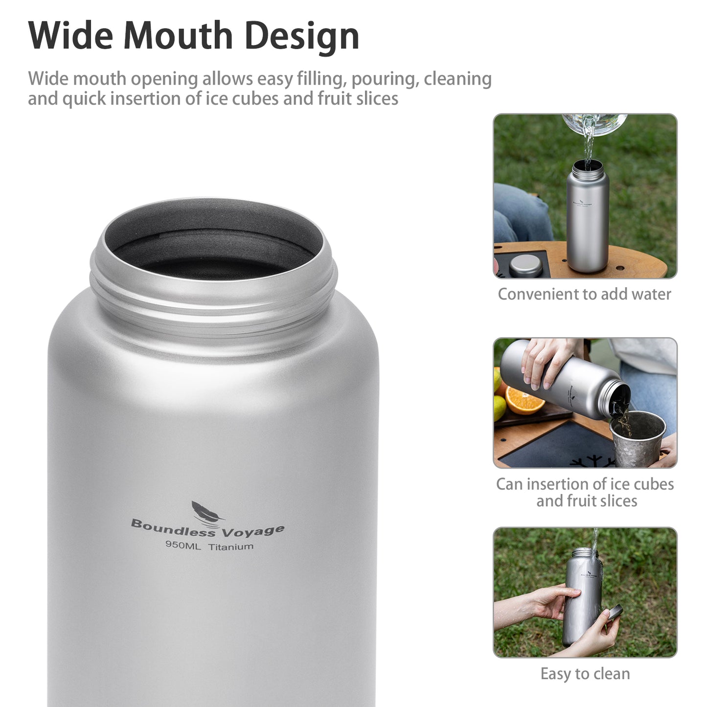 Boundless Voyage 950ml Titanium Water Bottle with Lids – TA1 Ultralight Wide Mouth Canteen for Hiking, Camping & Travel